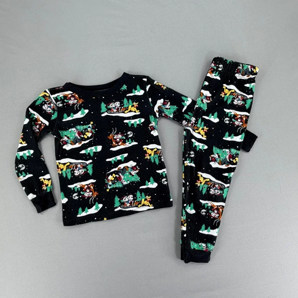 Disney Mickey Mouse Christmas Pajamas Toddler 4T Black Holiday Sleigh Set MK1143